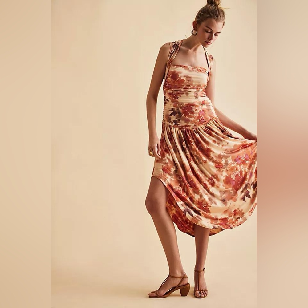 NWOT Free People Raylon Drop Waist Convertible Neckline Midi Orange Sz S - Picture 2 of 8